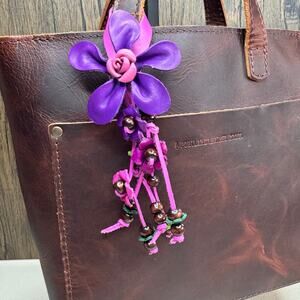 Purple Daisy Flower Leather Bag Charm Genuine Leather Purse Crossbody Keychain